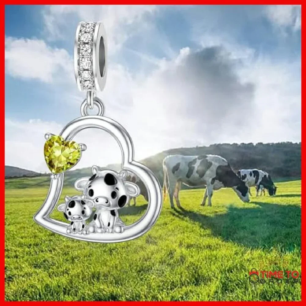 Sterling Silver Cow Charm Birthstone Pendant for Bracelets